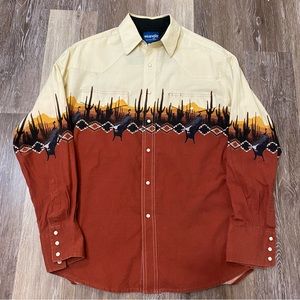 Vintage Wrangler Western Pearl Snap Shirt Aztec Bull Southwestern Size Large
